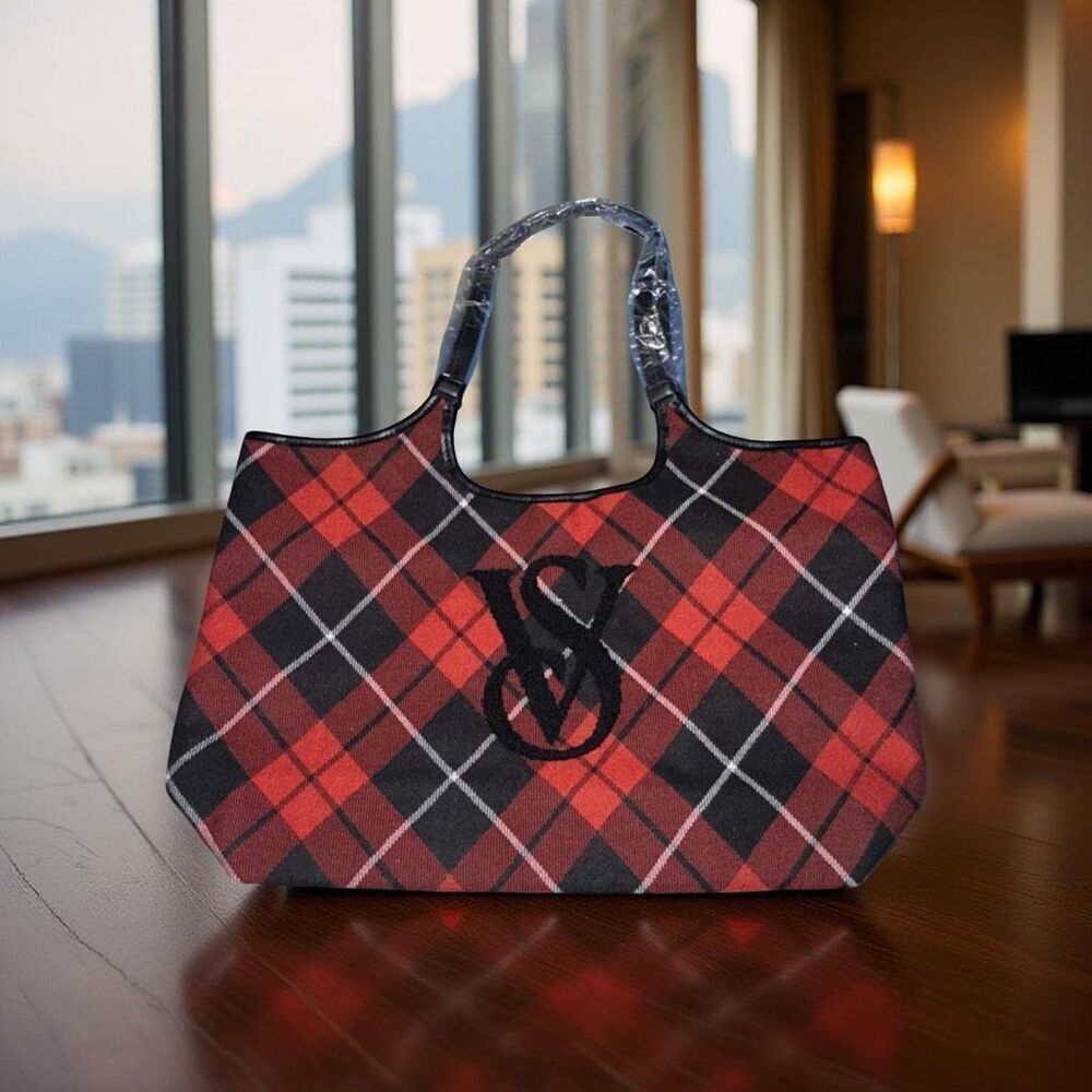 NWT Victoria's Secret Red and Black Plaid Tote Large Bag VS Plush Logo